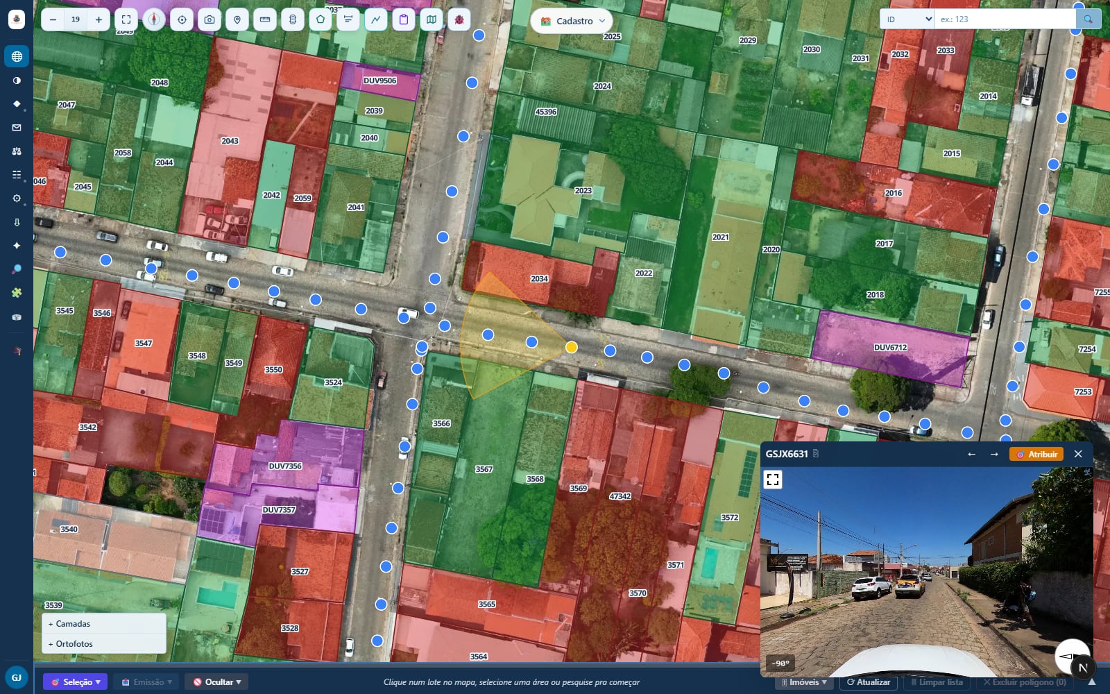 Visualizador panorâmico 360° aberto sobre o mapa