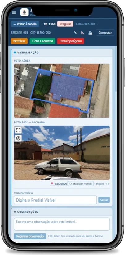A ficha de um imóvel aberta no ATTAMGEO em um celular, em campo